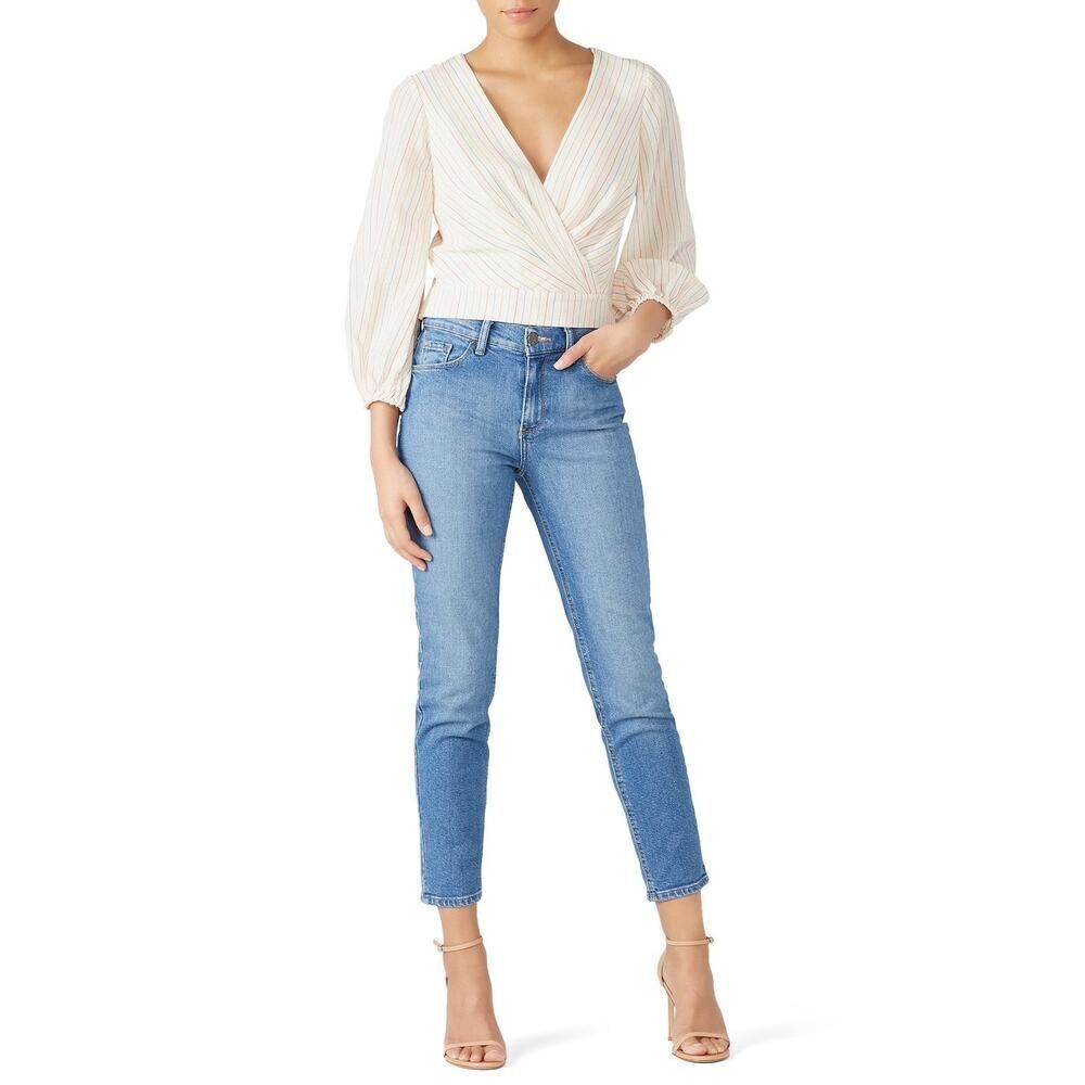 Sachin & Babi Jamie Top Women's 2 Ivory Striped Wrap Blouse Long Sleeve V-Neck